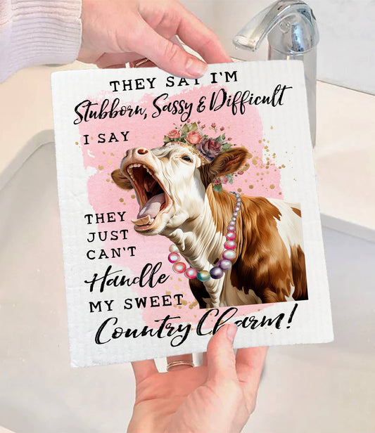 Set of 2 -  Stubborn Sassy Country Charm Cow SWEDISH DISH CLOTH