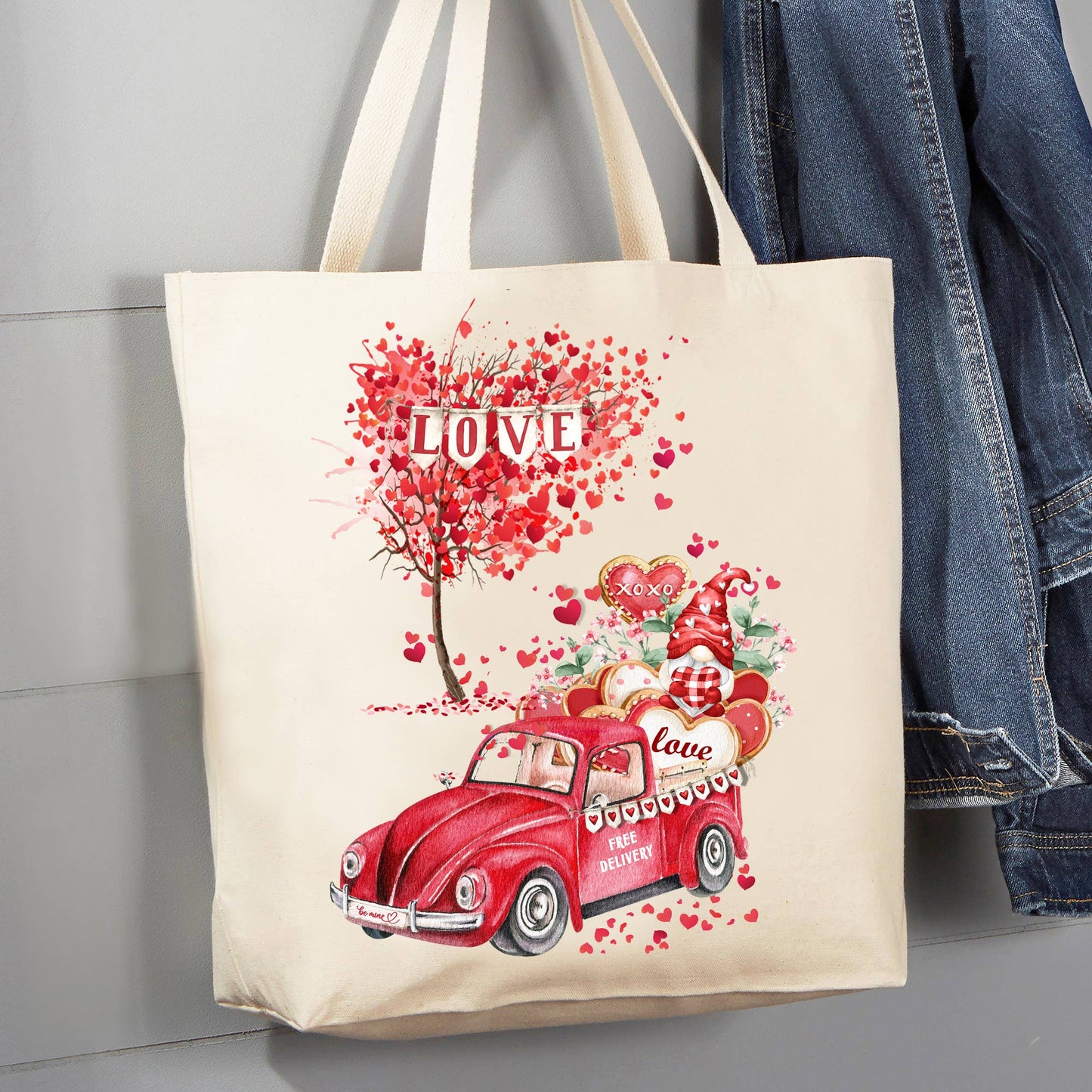 Valentine Gnome Red Truck Hearts 12 oz Canvas Tote Bag