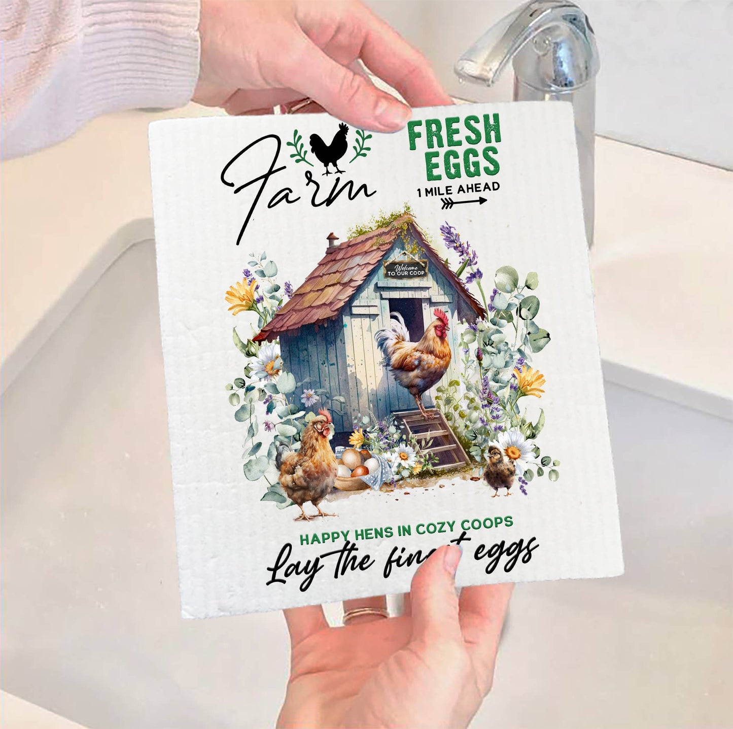 Set of 2 - Country Farm Chicken Coop Swedish Dish Cloth