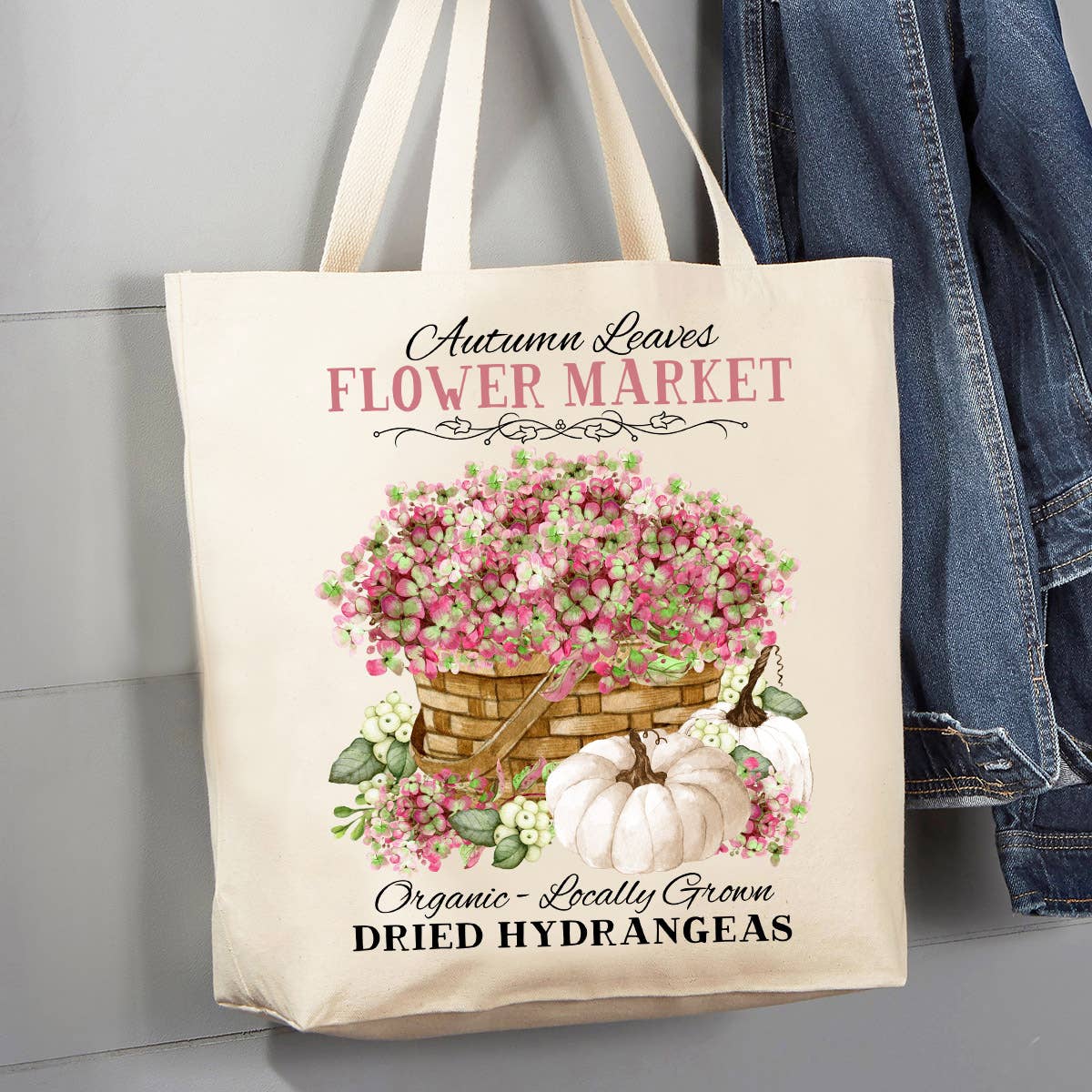 Autumn fall Dried hydrangeas Pumpkin 12 oz Canvas Tote Bag