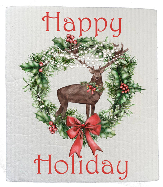 Set of 2 -  Christmas Happy Holiday Reindeer SWEDISH DISH CLOTH