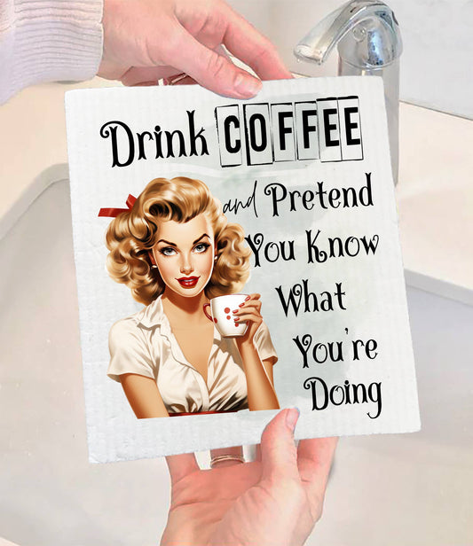 Set of 2 -  Drink Coffee Retro Housewife Funny SWEDISH DISH CLOTH