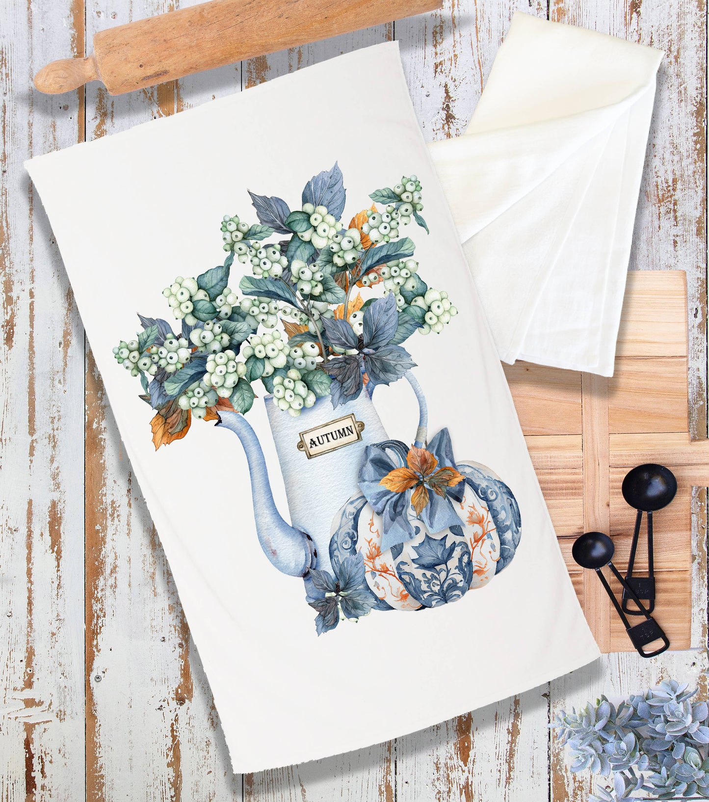 Autumn Blue White Pumpkins Flowers Terry Cloth Towel