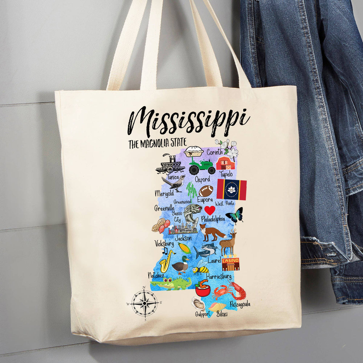 Mississippi State Map Souvenir 12 oz Canvas Tote Bag