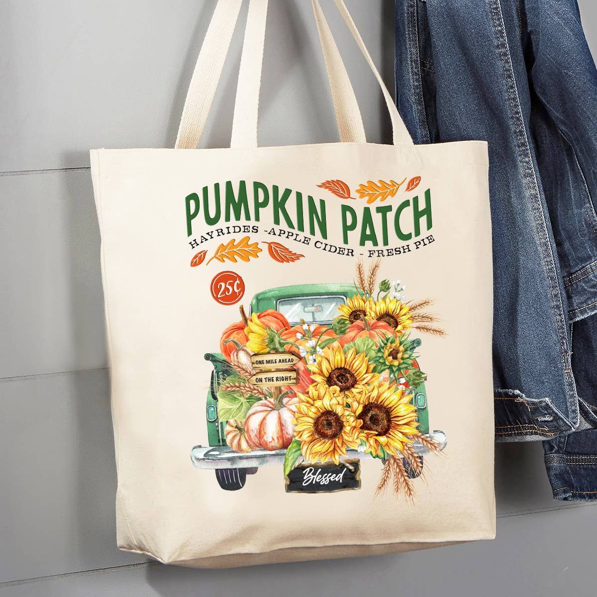 Autumn Fall Pumpkin Patch Green Truck 12 oz Canvas Tote Bag
