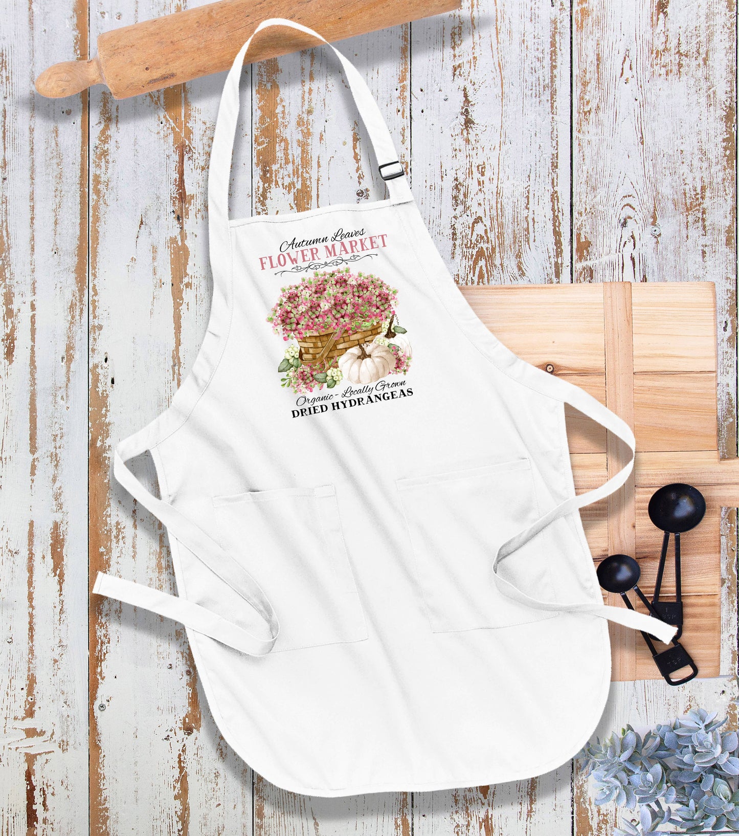 Autumn fall Dried hydrangeas Pumpkin Kitchen Cotton Apron