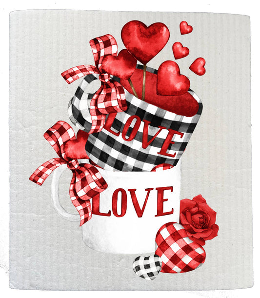 Set of 2 -  Valentine Love Red Hearts Coffee Cups SWEDISH DISH CLOTHS