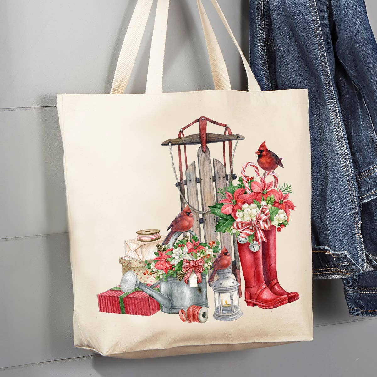 Christmas Sleigh Red Boots Cardinal 12 oz Canvas Tote Bag