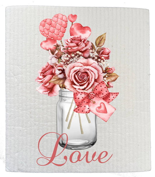 Set of 2 -  Valentine Love Mason Jar Roses SWEDISH DISH CLOTHS
