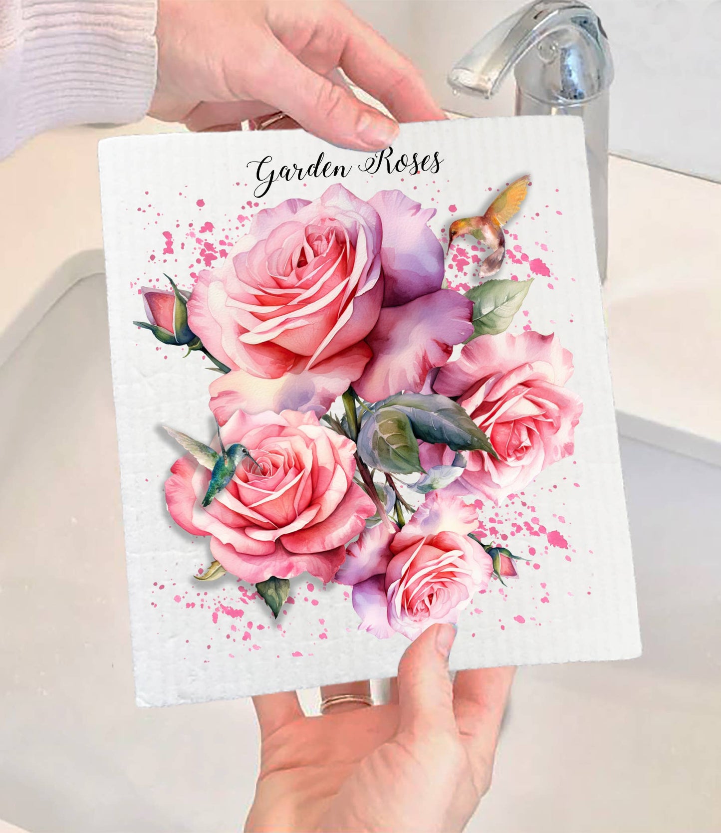 Set of 2 - Spring Garden Roses Flowers SWEDISH DISH CLOTH