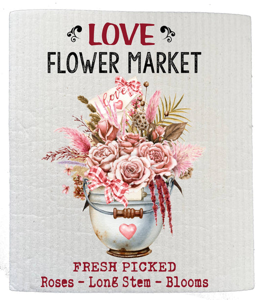 Set of 2 -  Valentine Love Boho Flower Market SWEDISH DISH CLOTHS