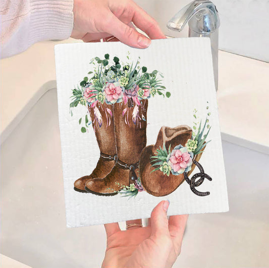 Set of 2 -  Western Cowboy Boots Flowers Southwestern SWEDISH DISH CLOTH
