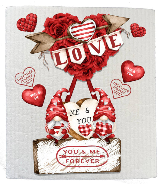 Set of 2 -  Valentine Gnome Red Roses SWEDISH DISH CLOTHS
