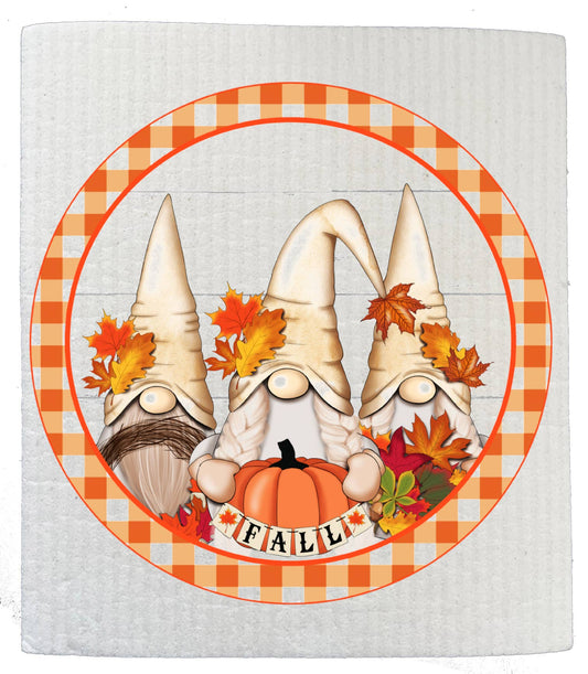 Set of 2 -  Fall Autumn Gnome Pumpkins SWEDISH DISH CLOTH