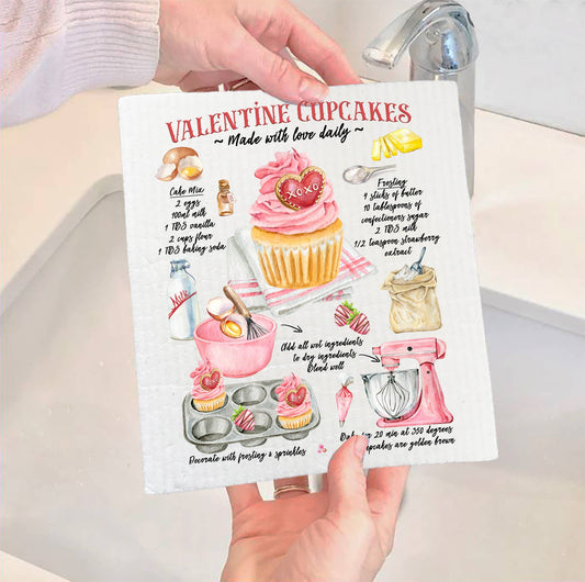 Set of 2 -  Valentine Cupcake Recipe Swedish Dish Cloth