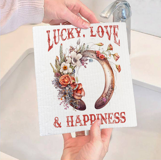 Set of 2 -  Lucky Love Happiness Horseshoe Western SWEDISH DISH CLOTH