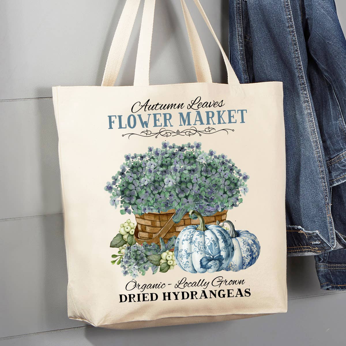 Autumn Blue White Pumpkins Hydrengeas 12 oz Canvas Tote Bag