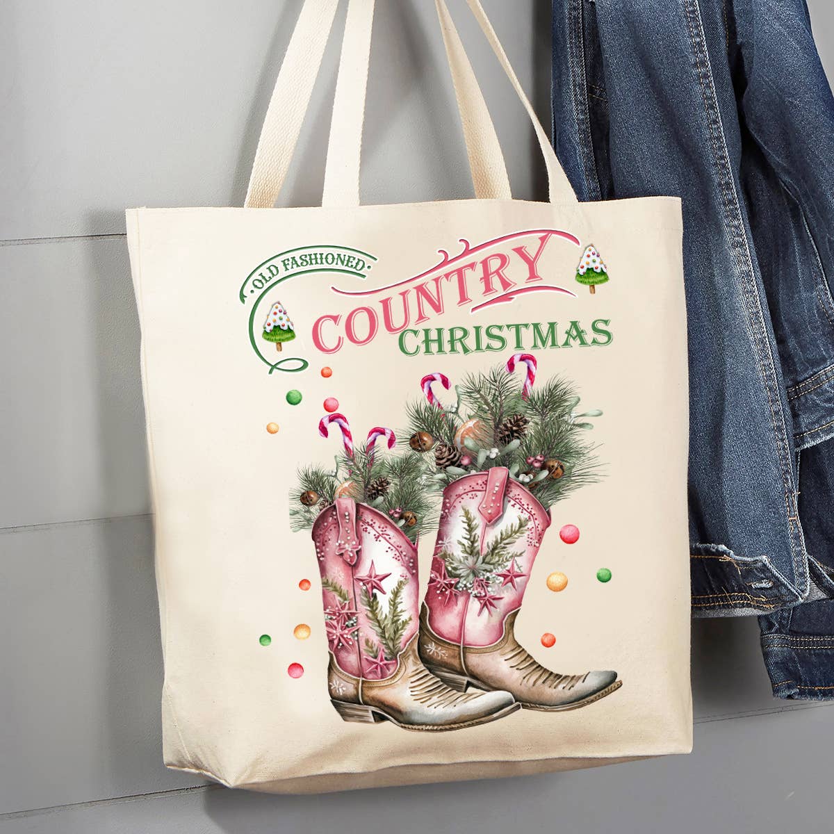 Country Christmas Cowboy Boots Western 12 oz Canvas Tote Bag