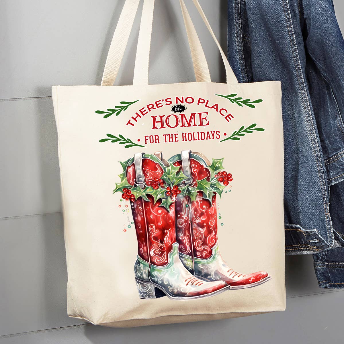 Christmas Holly Red Cowboy Boots Western Canvas Tote Bag