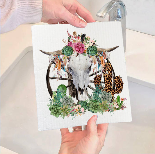 Set of 2 -  Western Cow Skull Cactus Southwestern SWEDISH DISH CLOTH