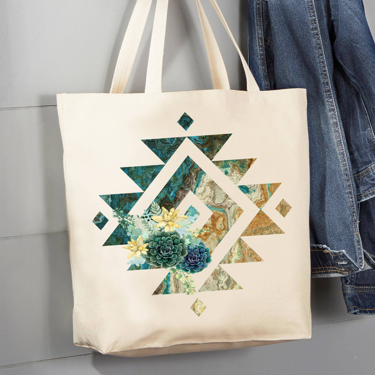 Western Blue Aztec Cactus Southwestern 12 oz Canvas Tote Bag