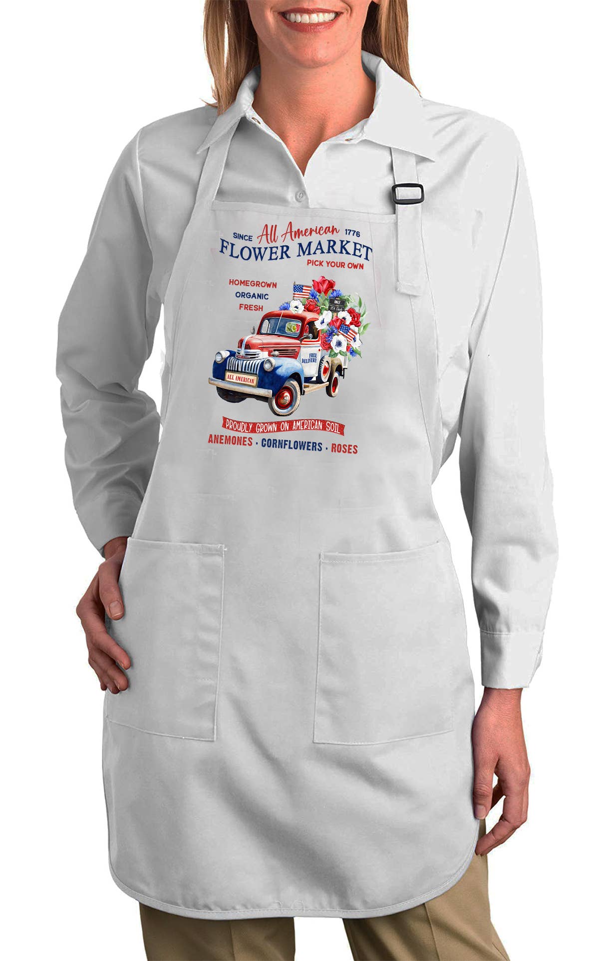 All American Patriotic Flower Truck Kitchen Cotton Apron