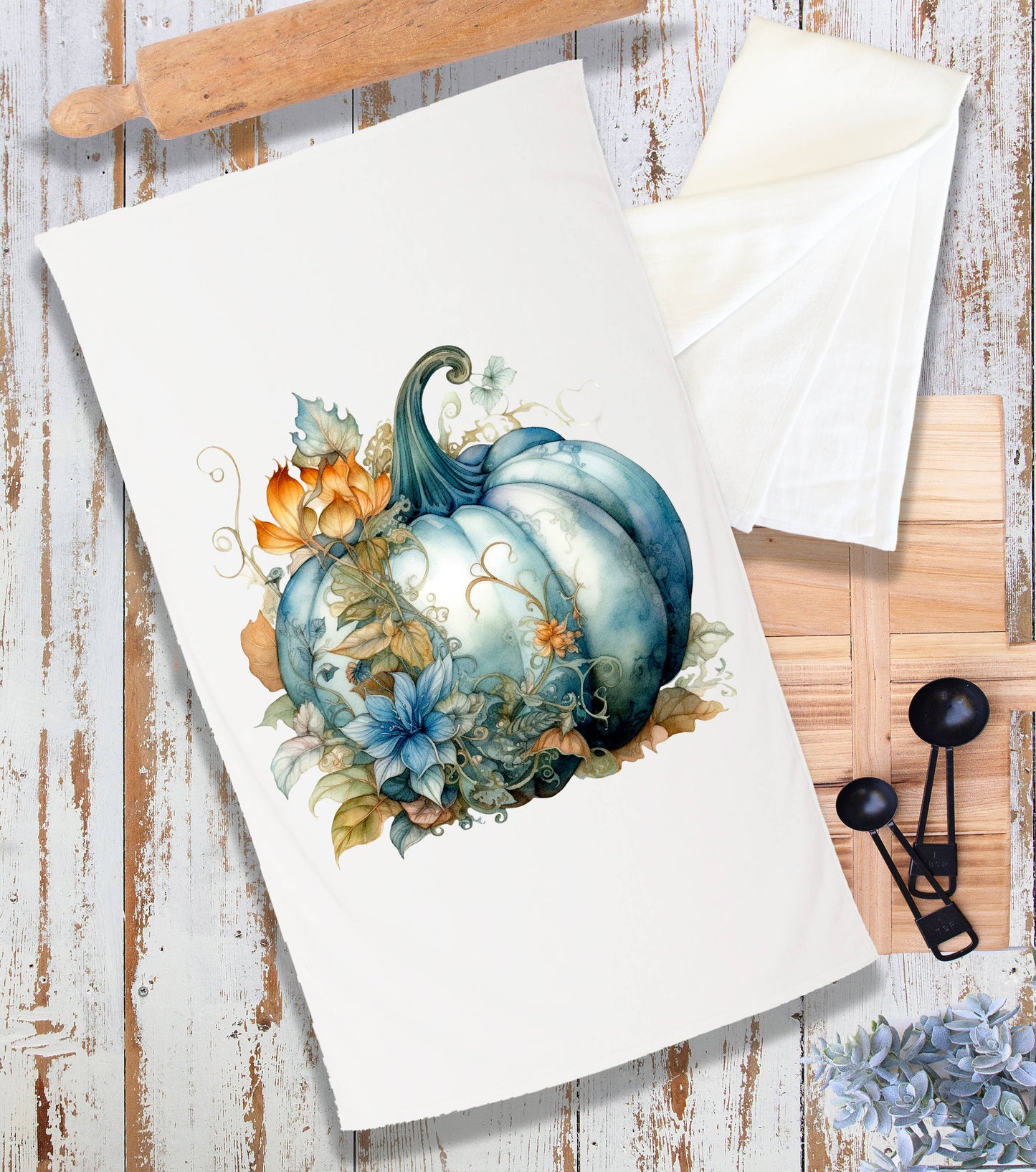 Fall Autumn Blue Pumpkin Flowers Terry Cloth Towel