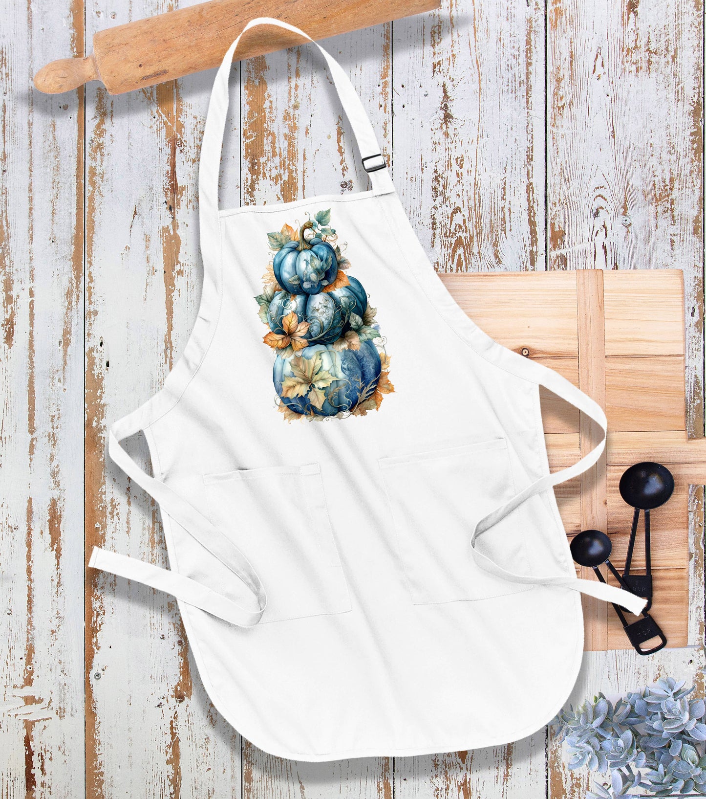 Fall Autumn Stacked Blue Pumpkins Kitchen Cotton Apron