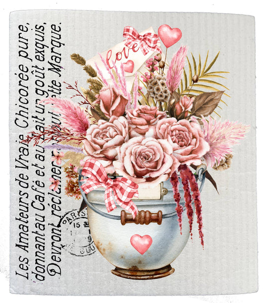 Set of 2 -  Valentine French Love Boho Flower SWEDISH DISH CLOTHS