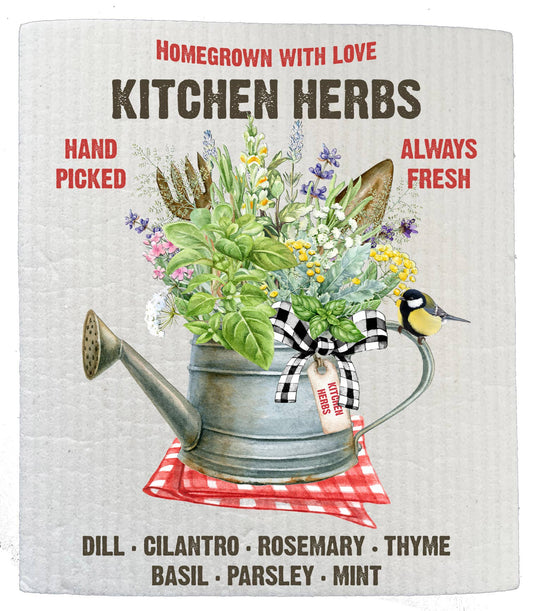 Set of 2 -  Homegrown Kitchen Herbs Basil SWEDISH DISH CLOTHS