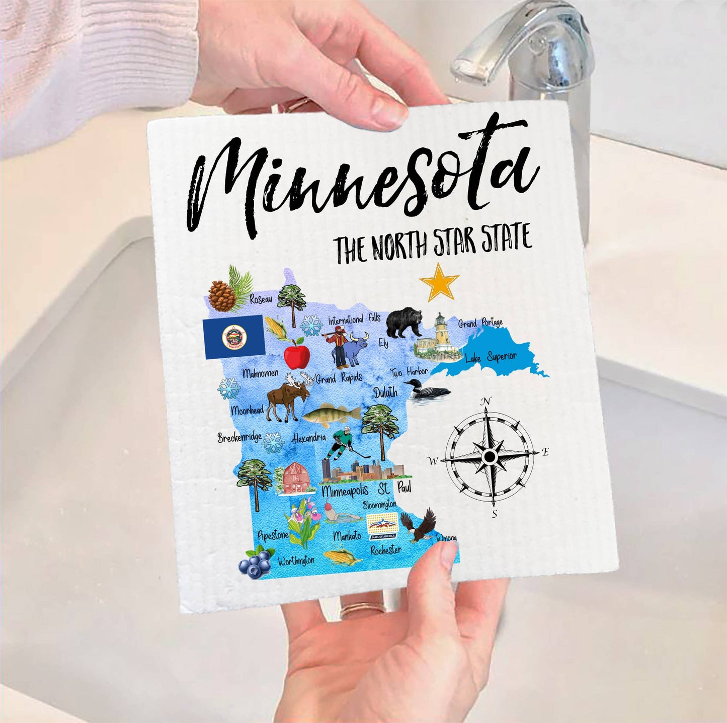 Set of 2 - Minnesota State Map Souvenir SWEDISH DISH CLOTH
