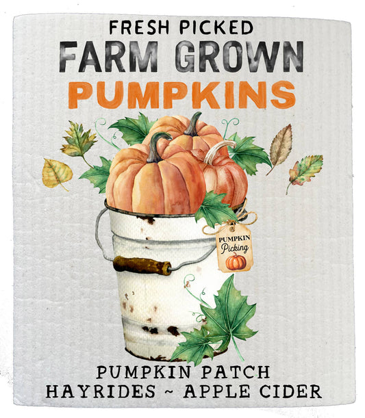 Set of 2 -  Fall Autumn Pumpkin Picking Farm SWEDISH DISH CLOTH