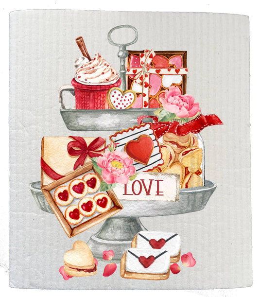 Set of 2 -  Valentine 2 Tier Tray Cookies Sweets SWEDISH DISH CLOTHS