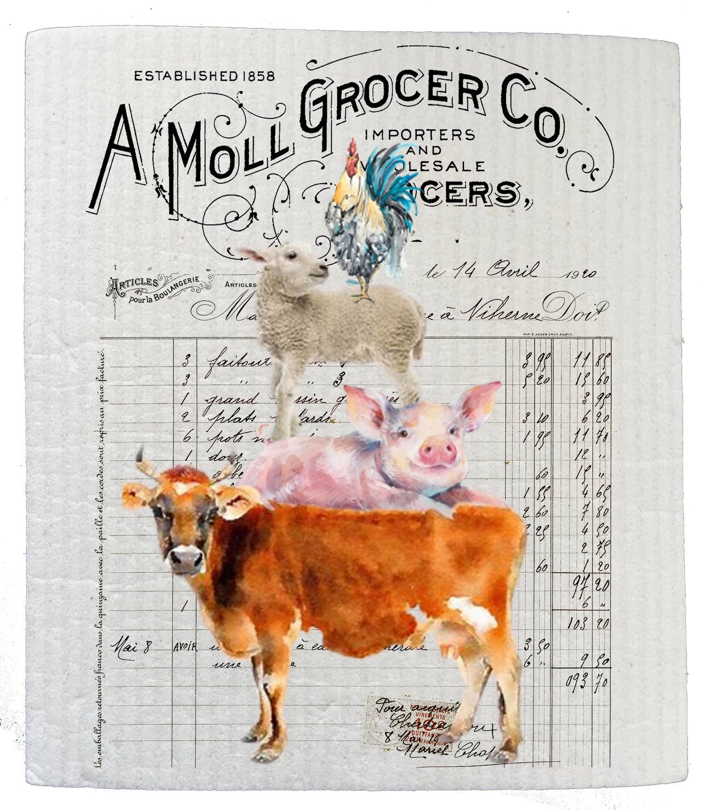 Set of 2 - Vintage Farm Animals Grocers Kitchen SWEDISH DISH CLOTH