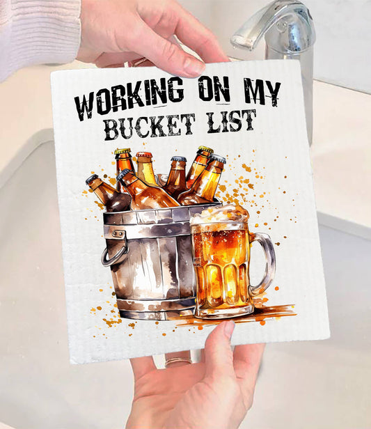 Set of 2 -  Working on Bucket List Beer Funny SWEDISH DISH CLOTH