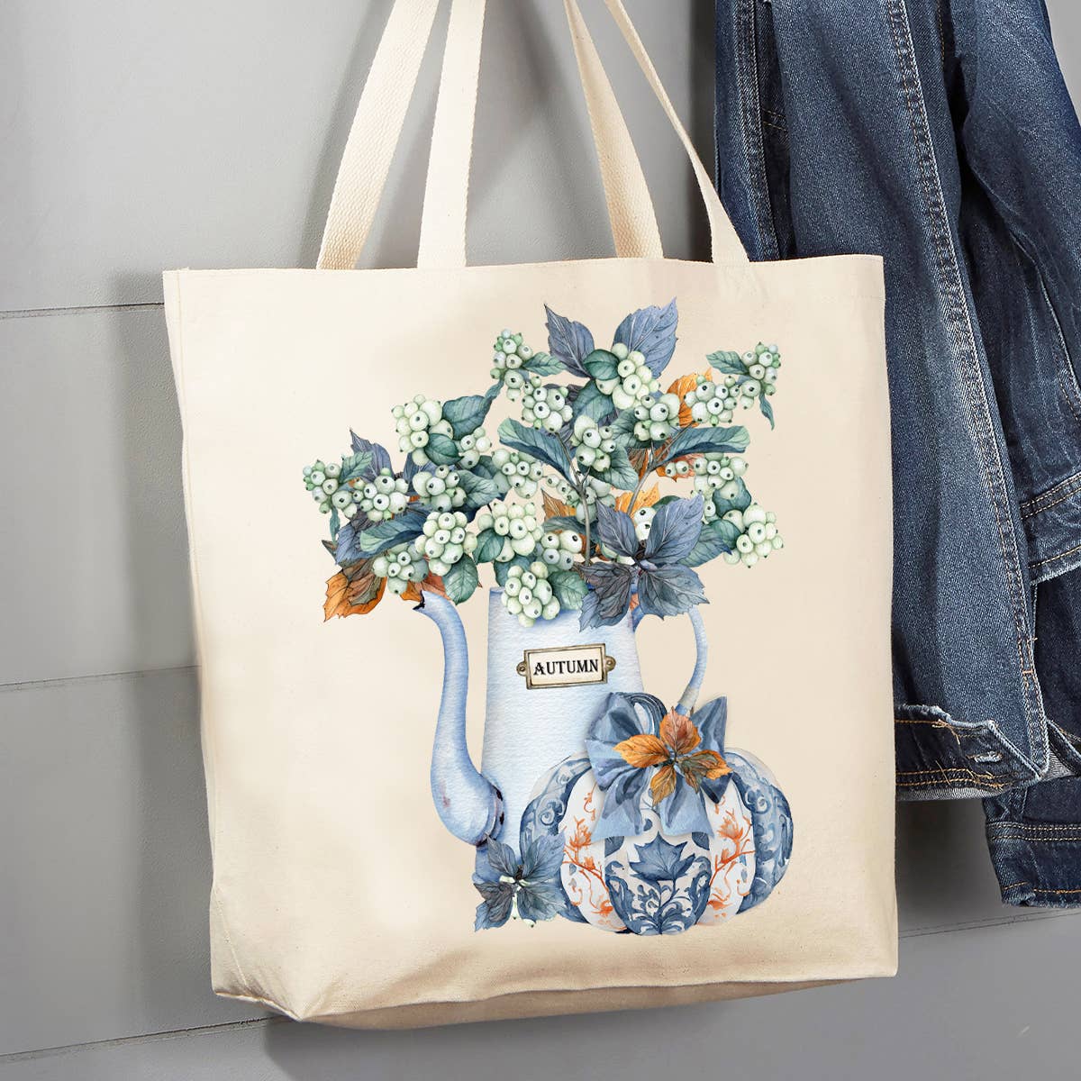 Autumn Blue White Pumpkins Flowers 12 oz Canvas Tote Bag