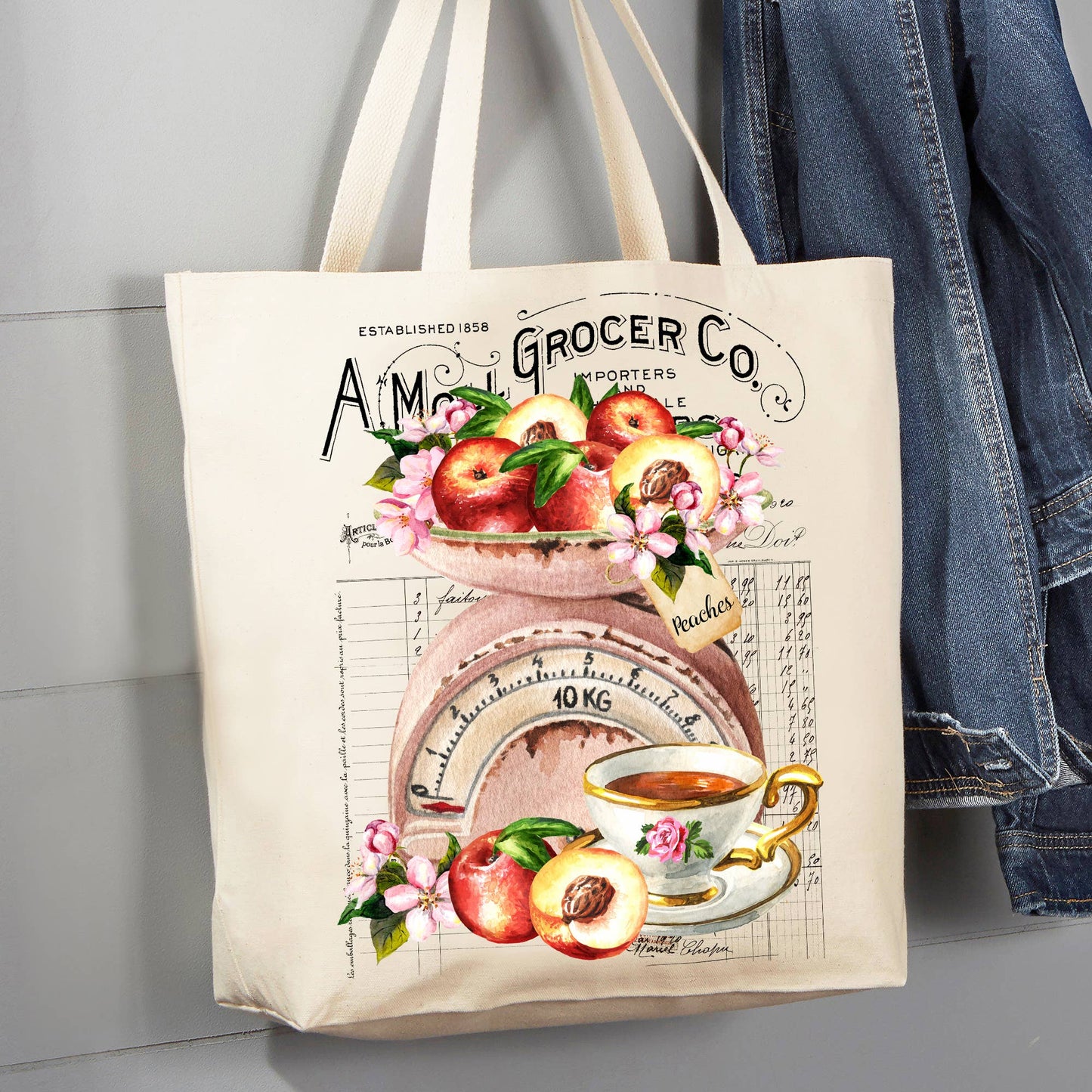Vintage French Peaches & Tea 12 oz Canvas Tote Bag