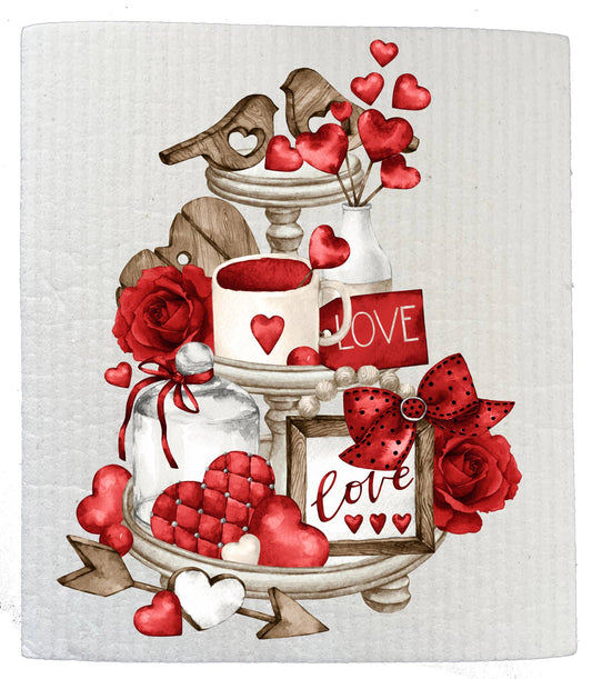 Set of 2 -  Valentine Red Heart 3 Tier Tray SWEDISH DISH CLOTHS
