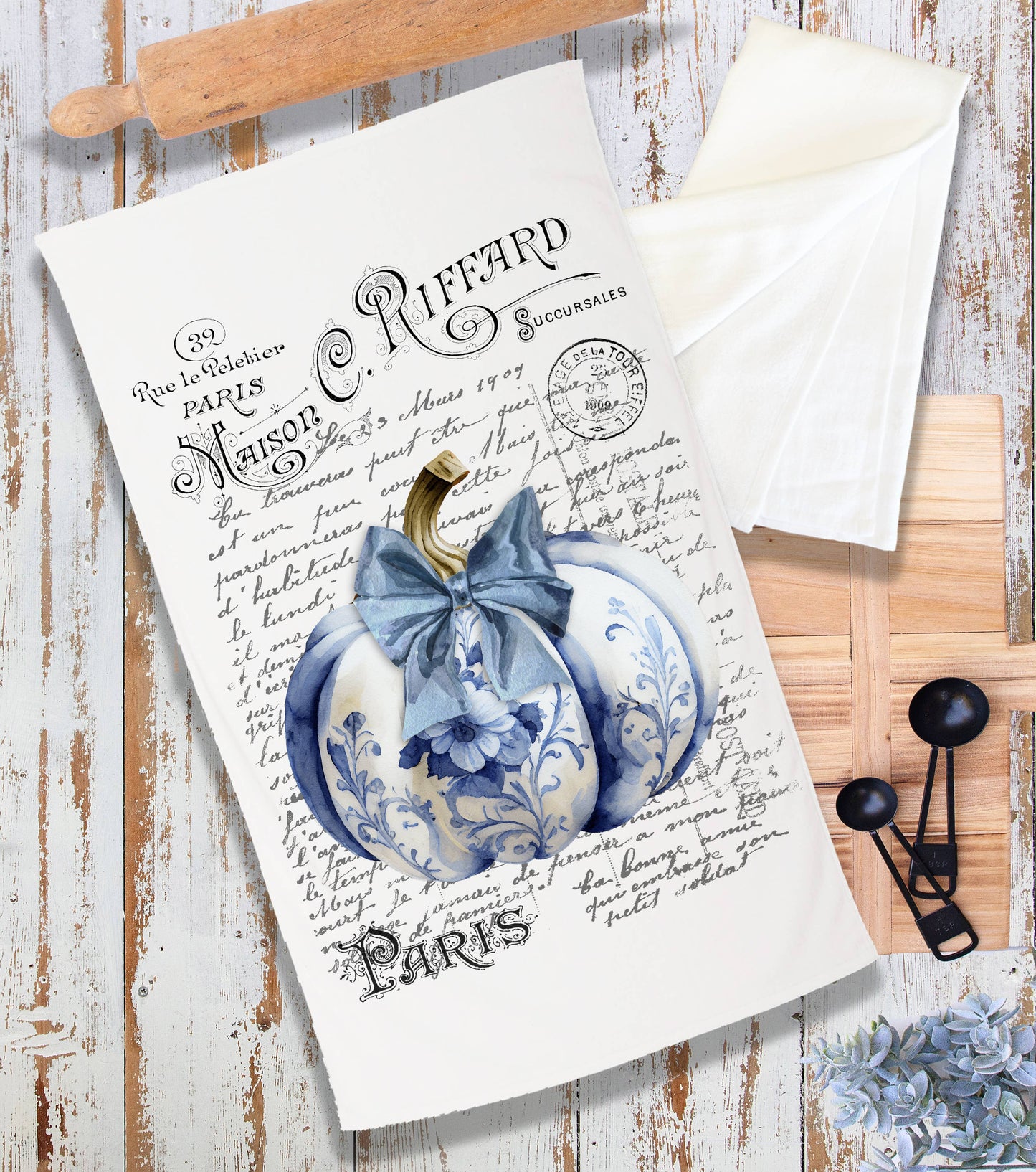 Autumn French Blue White Chinoiserie Pumpkins Terry Towel