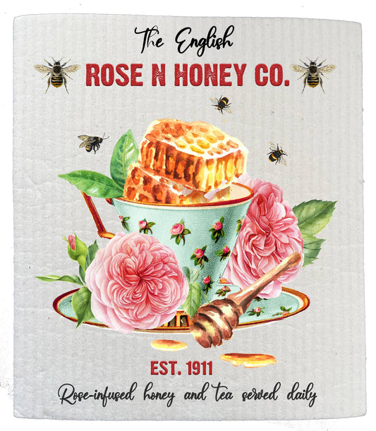 Set of 2 -  Rose & Honey English Tea Cup Flowers SWEDISH DISH CLOTHS
