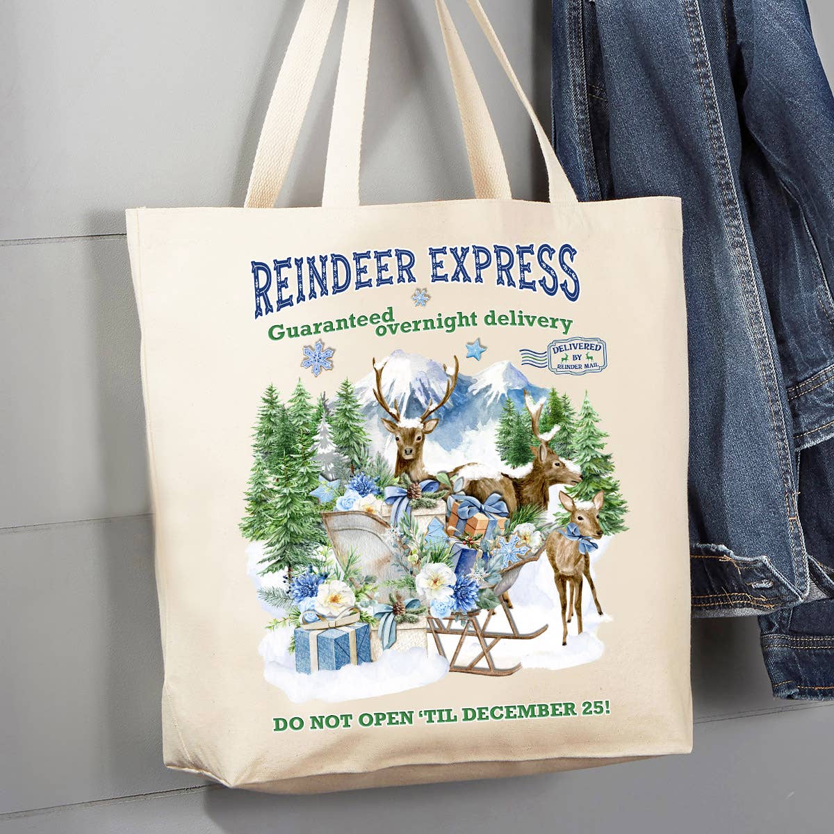 Christmas Blue Reindeer Express 12 oz Canvas Tote Bag