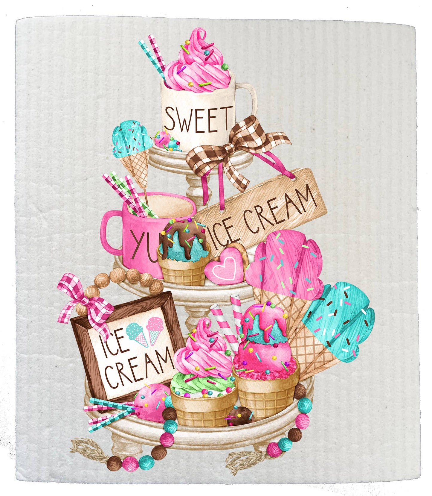 Set of 2 -  Ice Cream Sweet 3 Tier Tray Kitchen SWEDISH DISH CLOTHS