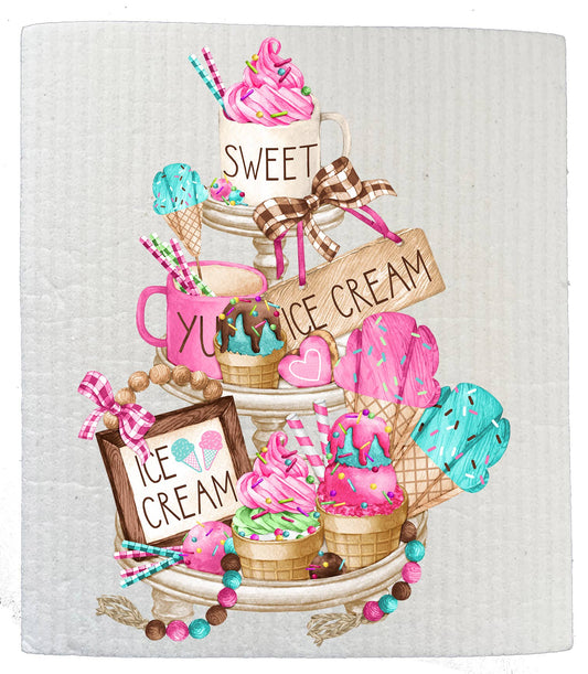 Set of 2 -  Ice Cream Sweet 3 Tier Tray Kitchen SWEDISH DISH CLOTHS
