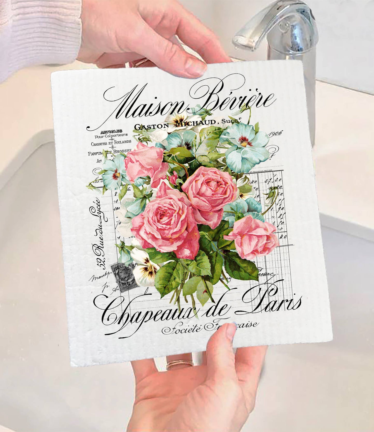 Set of 2 - Vintage French Garden Roses Paris SWEDISH DISH CLOTH