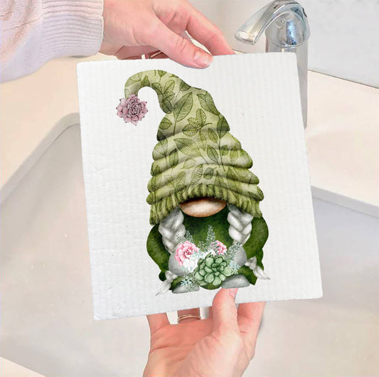 Set of 2 -  Succulent Desert Green Gnome SWEDISH DISH CLOTH