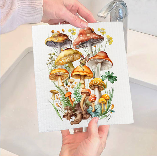 Set of 2 -  Vintage Mushrooms Botanicals Fairy SWEDISH DISH CLOTH