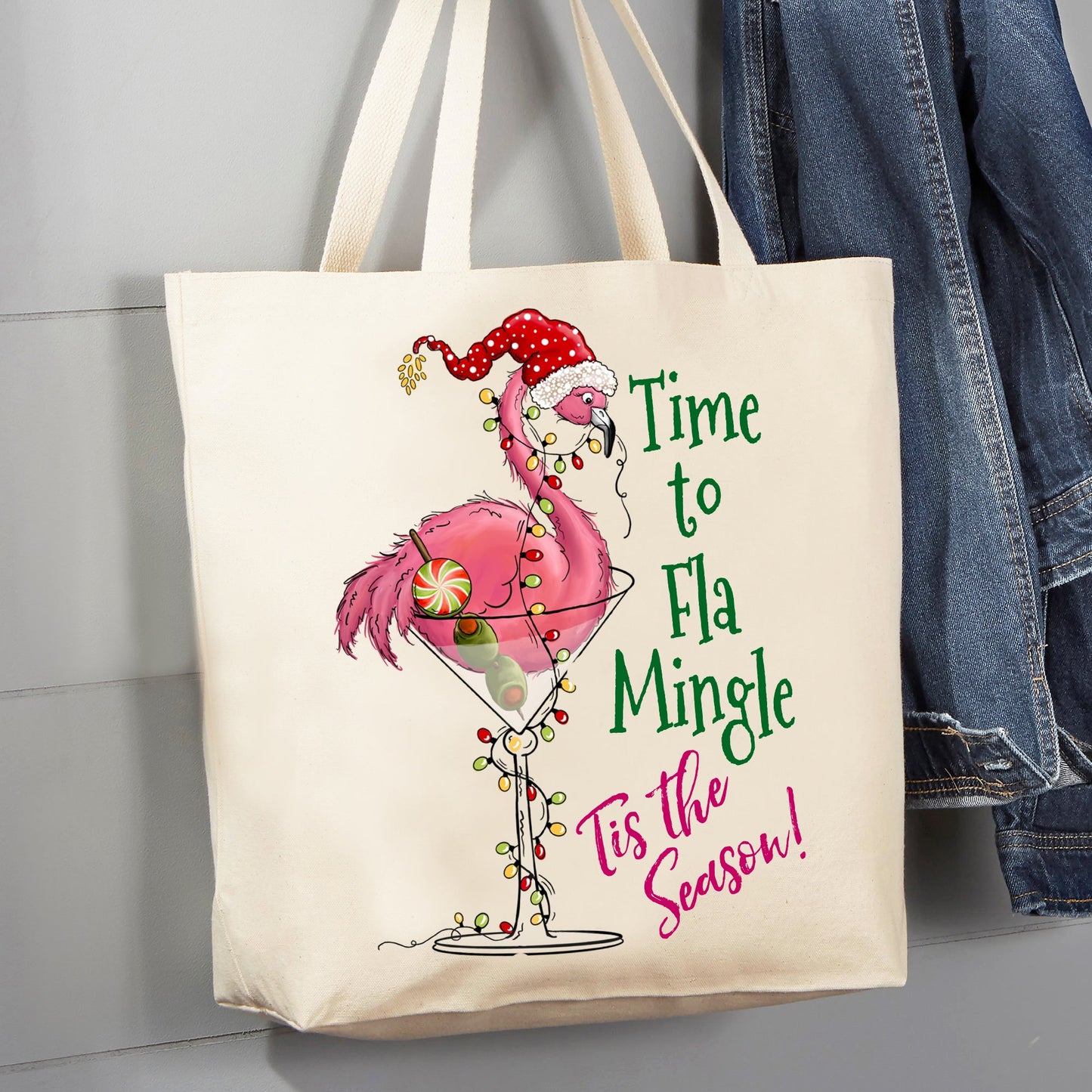 Christmas Flamingo Fla Mingle 12 oz Canvas Tote Bag