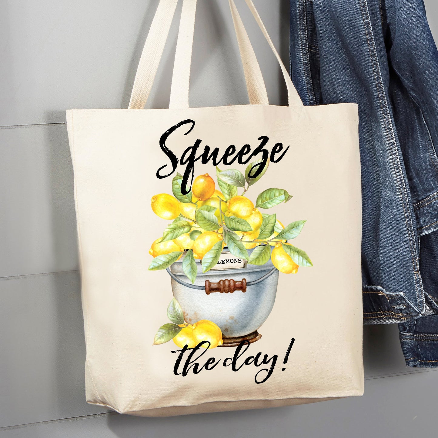 Squeez the Day Bucket of Lemons 12 oz Canvas Tote Bag
