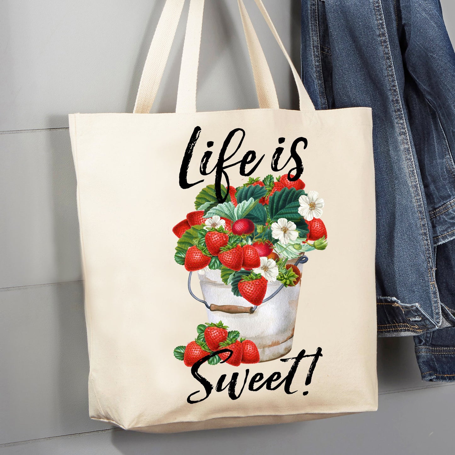 Life is Sweet Bucket of Strawberries 12 oz Canvas Tote Bag