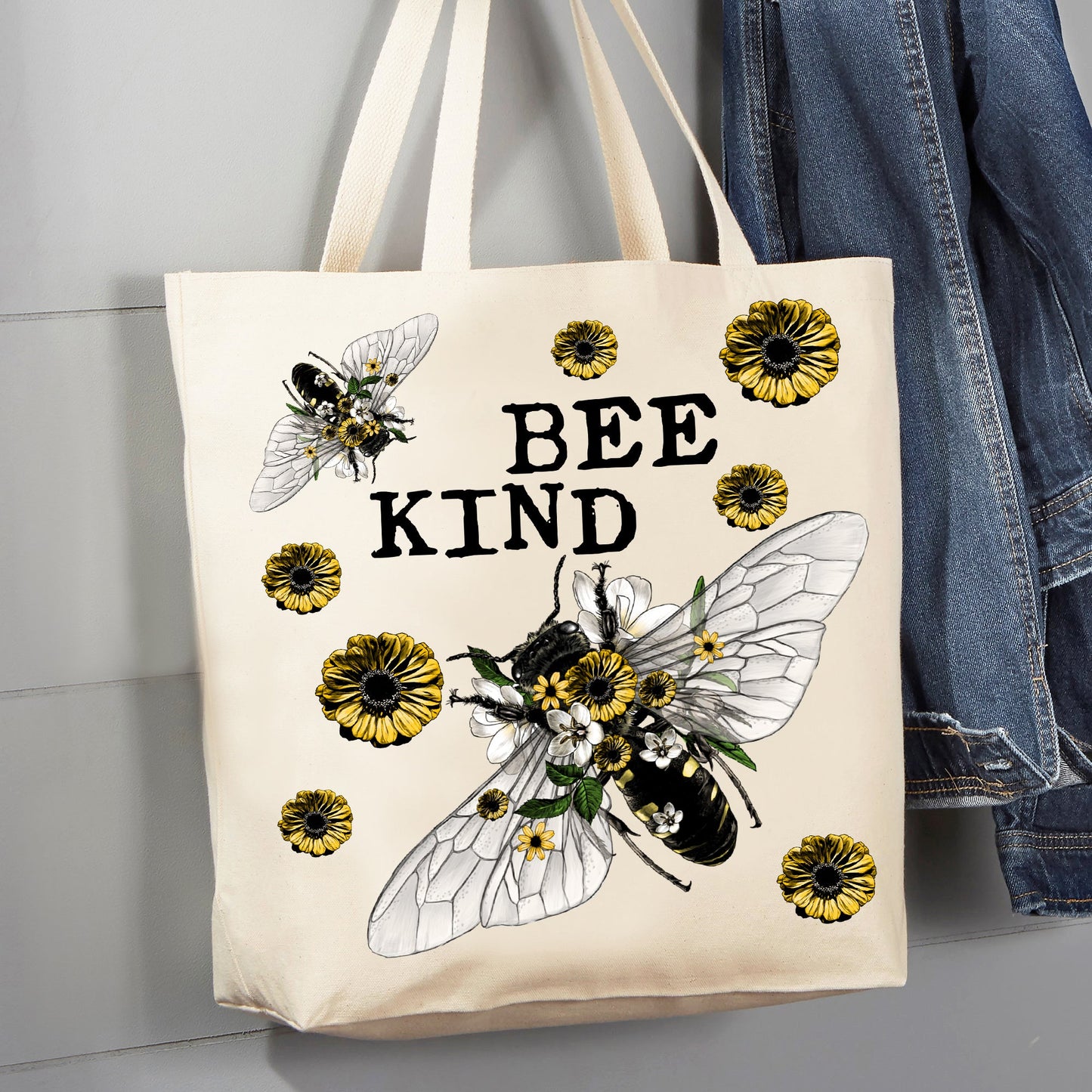 Bee Kind Vintage Flowers Bees 12 oz Canvas Tote Bag